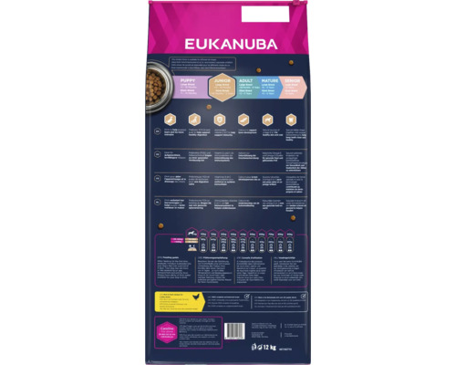 Eukanuba hrană uscată pentru rase de câini de talie mare, partea din spate a ambalajului cu recomandări de hrănire și caracteristicile produsului.