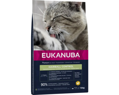 Hrană uscată pentru pisici EUKANUBA Adult Hairball Control cu pui 10 kg