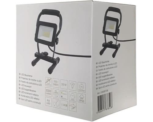 Ambalajul unui reflector LED pentru construcții cu detalii despre produs