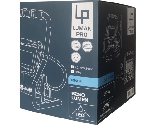 Ambalajul unei lămpi de lucru Lumak Pro cu detalii tehnice