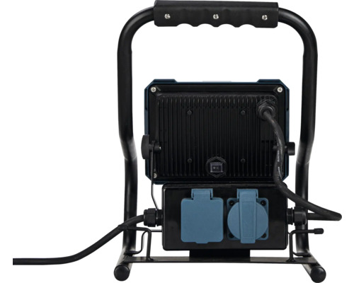 Vedere din spate a unui proiector LED portabil cu prize și mâner