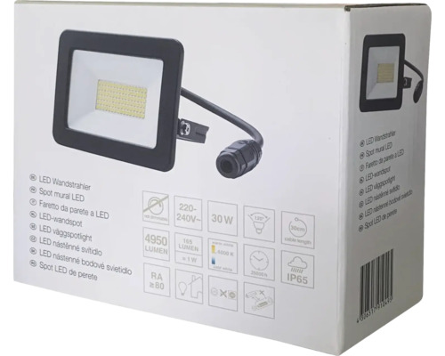 Ambalajul unui reflector LED de perete cu detalii tehnice precum lumeni, putere și grad de protecție