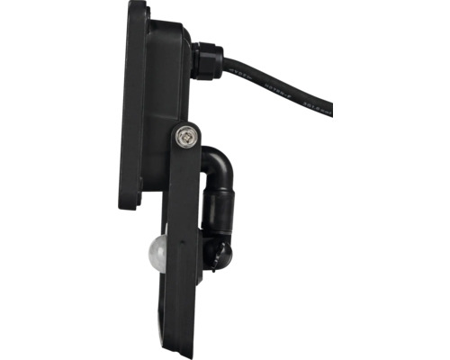 Vedere laterală a unui reflector LED negru cu senzor de mișcare și conexiune de cablu