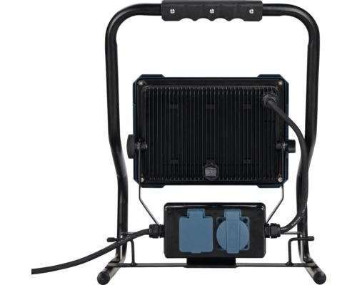 Vedere din spate a unei lămpi de lucru cu bandă de prize și cadru de susținere