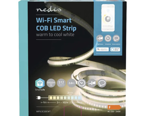 Bandă LED COB inteligentă Wi-Fi Nedis, reglabilă de la alb cald la alb rece.