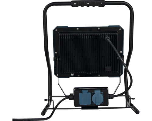 Vedere din spate a unei lămpi de șantier cu LED, cu cadru metalic și prize