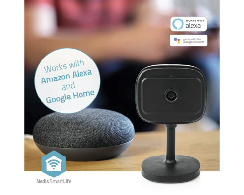 Cameră de securitate și difuzor negru, compatibil cu Amazon Alexa și Google Assistant
