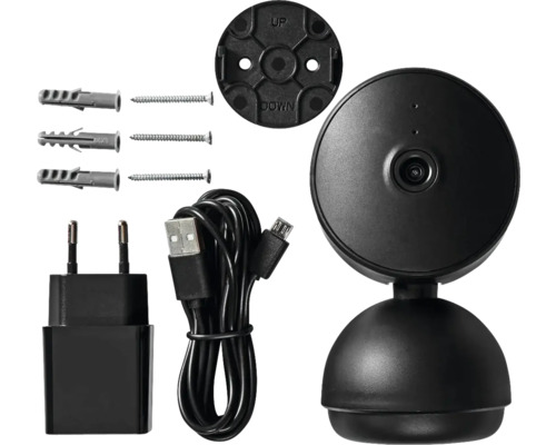 Cameră de supraveghere cu adaptor de alimentare, cablu USB, dibluri și șuruburi