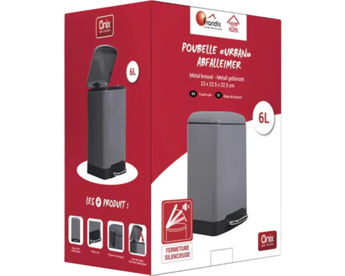 Ambalajul unui coș de gunoi gri cu pedală, cu o capacitate de șase litri