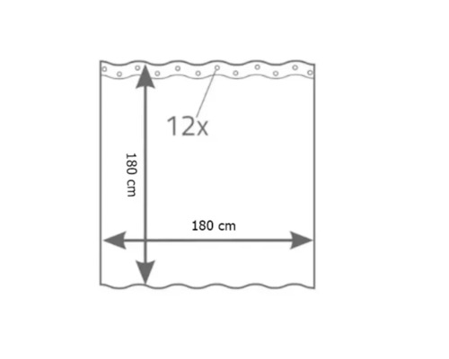 Schiță dimensională a unei perdele de duș cu 12 ochiuri, dimensiune 180 pe 180 cm.