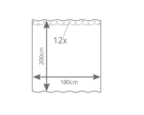 Schiță a unei perdele de duș cu dimensiunile de 200 cm înălțime și 180 cm lățime și doisprezece ochiuri de agățare.
