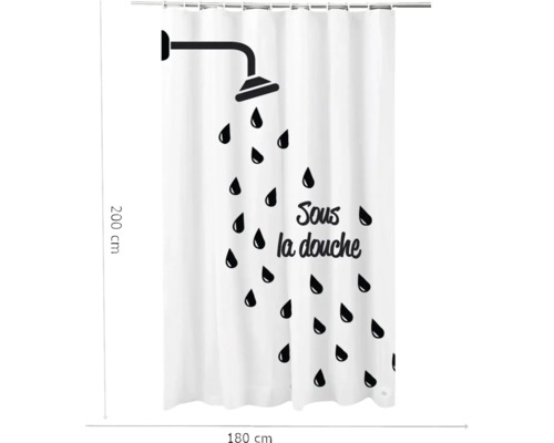 Cortină de duș albă cu model de cap de duș și picături, precum și inscripția Sous la douche, dimensiuni 200 x 180 centimetri