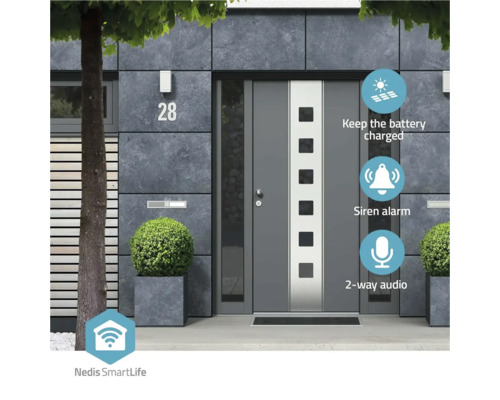 Ușă de intrare modernă cu funcții Nedis SmartLife: încărcare baterie, alarmă sirenă, audio bidirectional