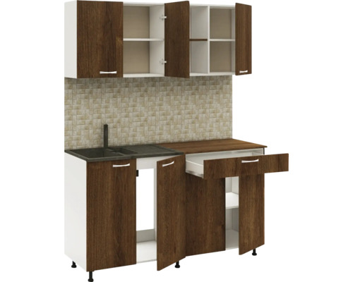 Bucătărie cu chiuvetă, sertare și dulapuri suspendate