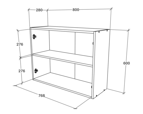 Desen tehnic al unui dulap suspendat cu dimensiuni.