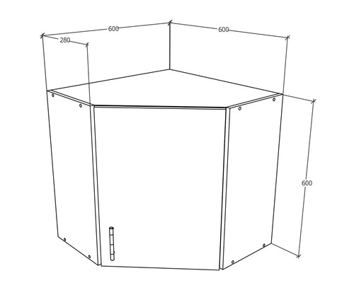 Desen tehnic al unui dulap suspendat de colț cu dimensiuni