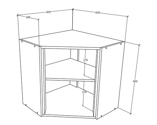 Desen tehnic al unui raft de colț cu dimensiuni.