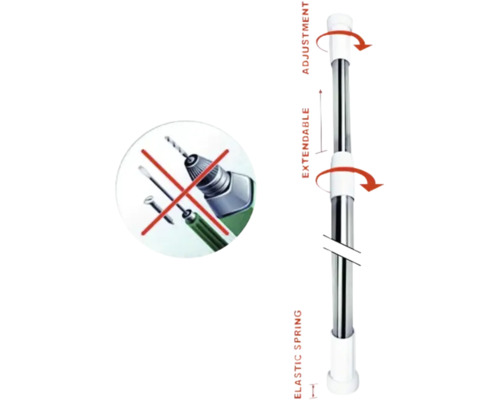 Ilustrație a unei bare de tensionare extensibile cu funcție de reglare și simbolul că o mașină de găurit și o șurubelniță nu sunt necesare
