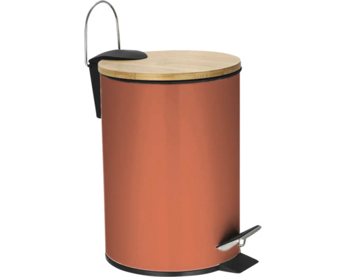 Coș de gunoi cu pedală 3 L, cu închidere lentă, metal-bambus, portocaliu