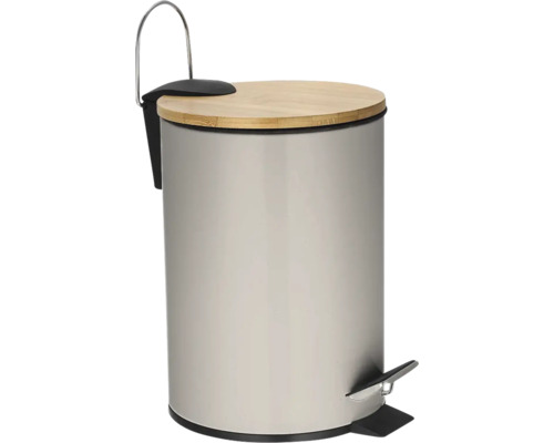 Coș de gunoi cu pedală 3 L, cu închidere lentă, metal-bambus, bej-gri