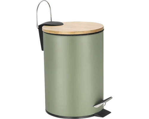 Coș de gunoi cu pedală 3 L, cu închidere lentă, metal-bambus, verde