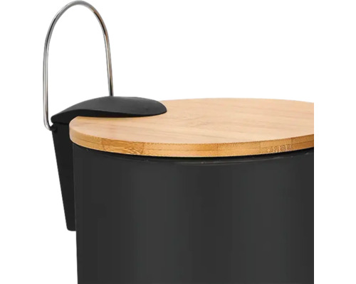 Coș de gunoi negru cu capac din bambus și mâner de transport