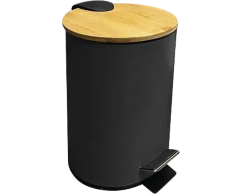 Coș de gunoi negru cu pedală și capac de bambus pentru baie și bucătărie