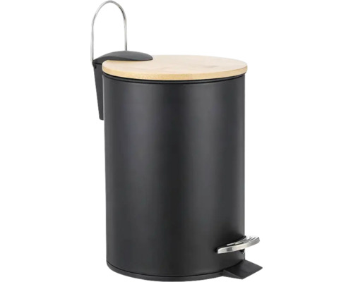 Coș de gunoi cu pedală 3 L, cu închidere lentă, metal-bambus, negru
