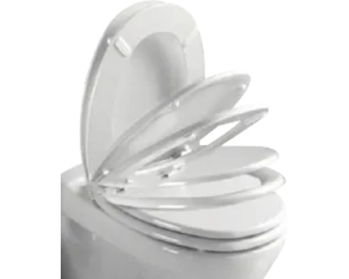 Scaun de toaletă cu mecanism de închidere lentă pe un vas de toaletă