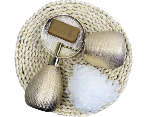 Set de baie cu dozator de săpun, savonieră, pahar pentru periuțe de dinți, burete de baie