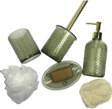 Set de baie cu dispenser de săpun, săpunieră, suport pentru periuțe de dinți, perie de toaletă și burete de baie