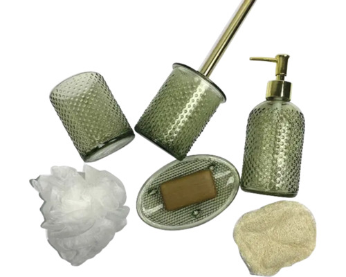 Set de baie cu dispenser de săpun, săpunieră, suport pentru periuțe de dinți, perie de toaletă și burete de baie
