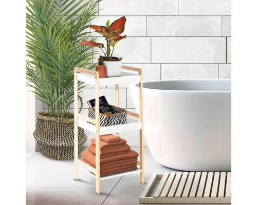 Scenă de baie cu raft cu trei niveluri, cadă și plante de interior