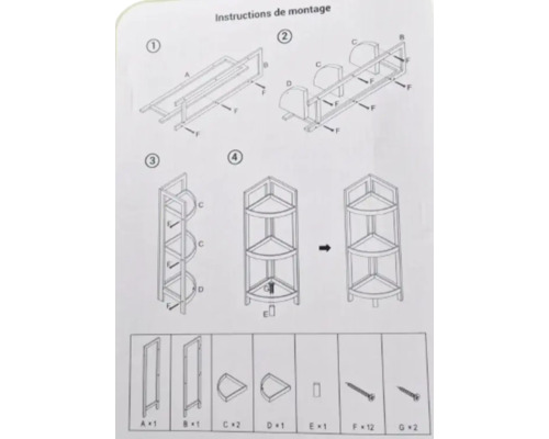 Instrucțiuni de asamblare pentru o etajeră de colț cu trei rafturi.
