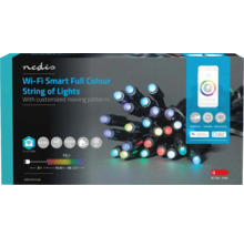 Logo Nedis. Ambalajul unui șir inteligent de lumini Wifi cu 48 de becuri LED și modele de mișcare personalizate.