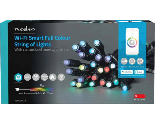 Logo Nedis. Ambalajul unui șir inteligent de lumini Wifi cu 48 de becuri LED și modele de mișcare personalizate.