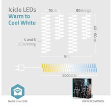 Șir de lumini LED țurțuri alb cald până la rece cu dimensiunile opt metri lungime, 40 până la 60 centimetri înălțime, 80 de fire și 400 de LED-uri