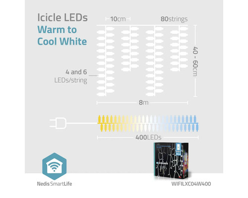 Șir de lumini LED țurțuri alb cald până la rece cu dimensiunile opt metri lungime, 40 până la 60 centimetri înălțime, 80 de fire și 400 de LED-uri