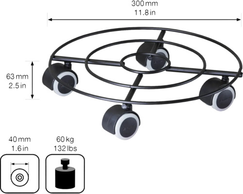 Suport pe role cu trei roți, diametru 300 mm, capacitate portantă 60 kg