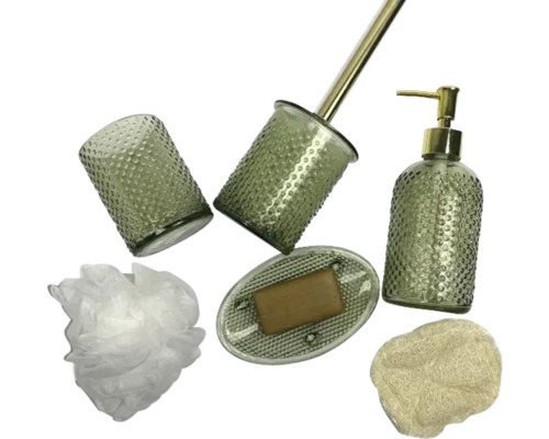 Set de baie cu dozator de săpun, pahar, perie de toaletă, săpunieră și burete
