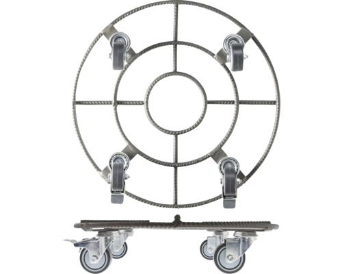 Suport pentru plante din oțel cu role, vedere de sus și vedere laterală