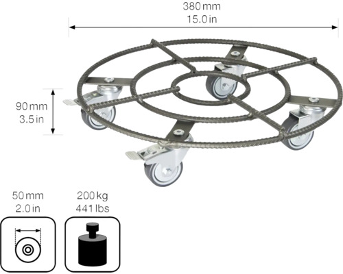 Suport cu rotile din oțel cu patru roți, diametru 380 mm