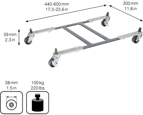 Placă universală cu role cu dimensiuni de 440 până la 600 mm lungime și 300 mm lățime, cu o capacitate maximă de încărcare de 100 kg.