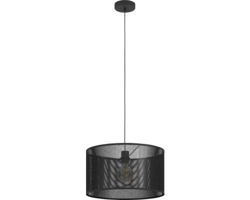 Lumină suspendată cu abajur din plasă metalică neagră și sursă de lumină