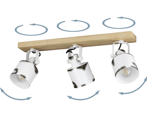 Lumină de tavan cu trei spoturi, lemn și metal, pivotantă și rabatabilă