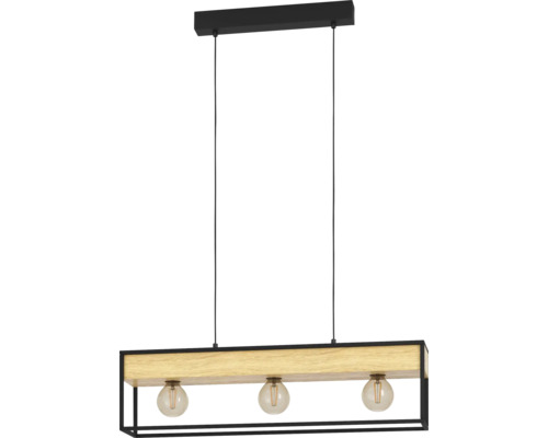 Lumină suspendată cu trei becuri cu aspect de lemn și metal