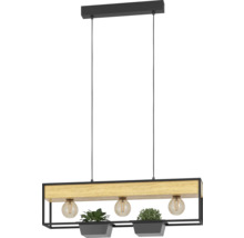 Lampa suspendată cu trei becuri, grindă de lemn și jardiniere