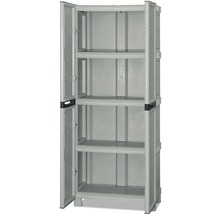 Dulap multifuncțional gri din plastic cu uși deschise și patru rafturi.