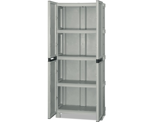 Dulap multifuncțional gri din plastic cu uși deschise și patru rafturi.