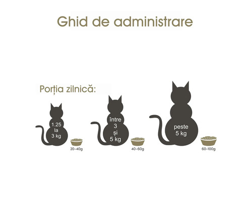 Ghid de administrare pentru pisici, împărțit pe categorii de greutate cu indicații de cantitate